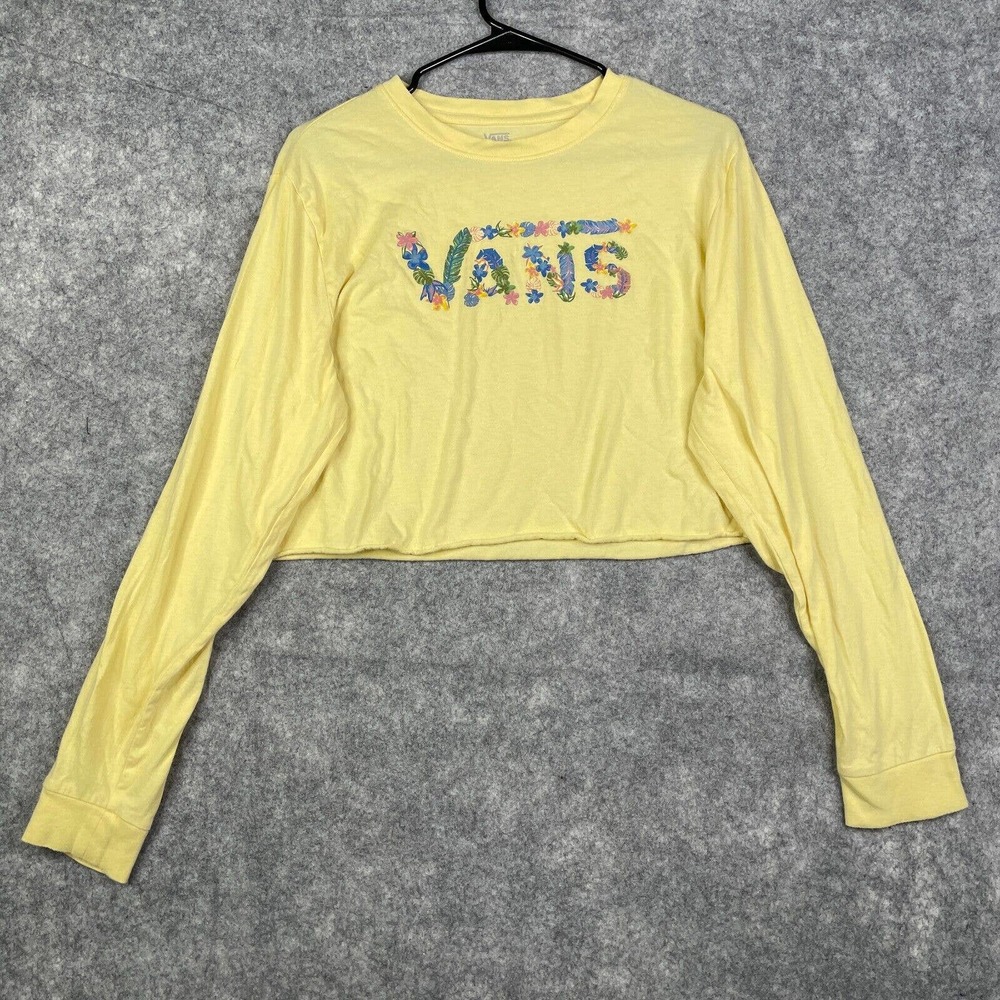 Vans Long Sleeve Crop Top Women's Large Yellow Logo Graphic Print Casual Shirt